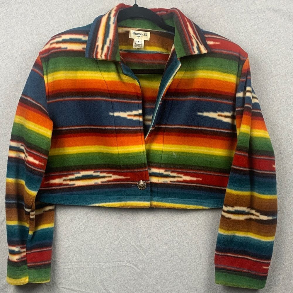 Sharon J Women Small Fleece Crop Jacket Aztec Cultural Pattern Vintage Colorful